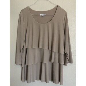 Susan Graver Knit Tiered 3/4 Sleeves Top Blouse Womens XL Beige